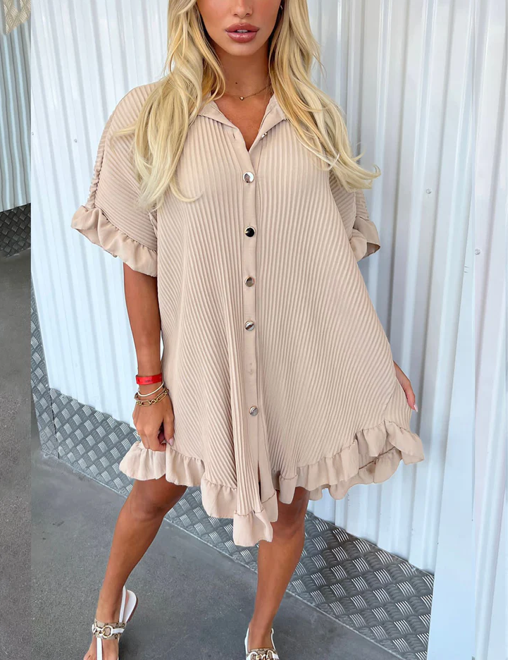 Buttoned Frill Smock Shirt Dress -Beige