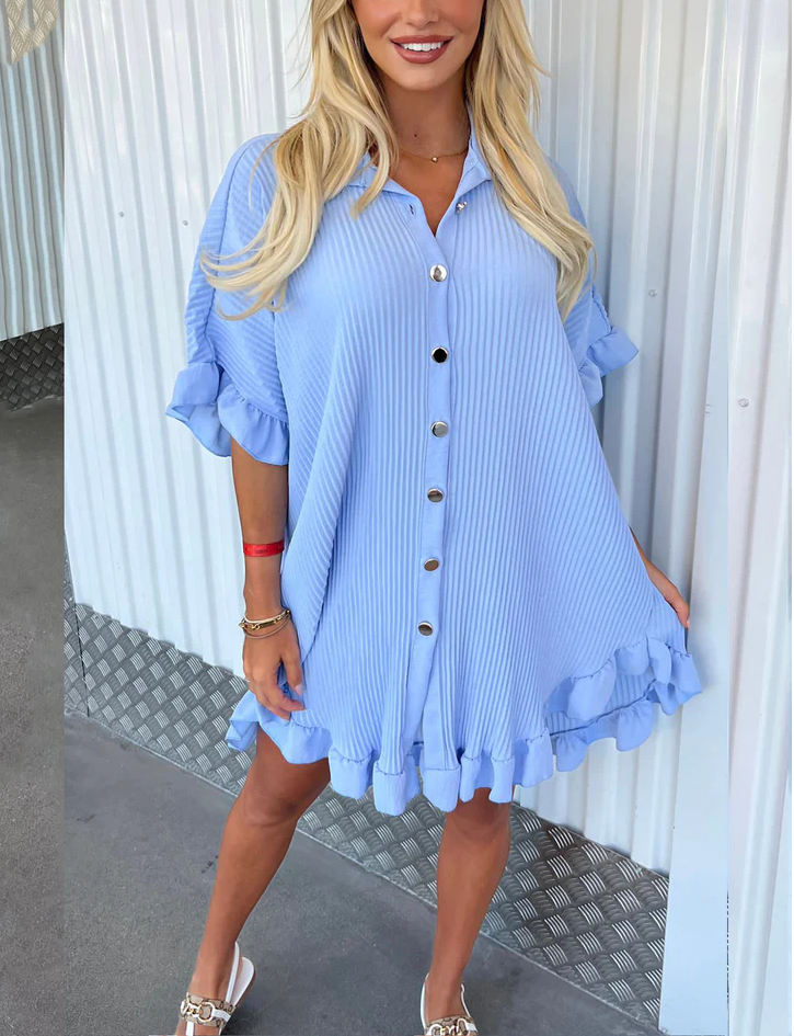 Buttoned Frill Smock Shirt Dress -Blue