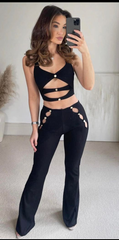 Ribbed Cut Out Crop Top & Trouser -Black