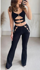 Ribbed Cut Out Crop Top & Trouser -Black